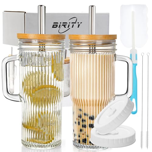 Birity 24oz Ribbed Glass Cup with Lids and Straws,2Pack Glass Tumbler with Handle,Reusable lced Coffee Cups with lids-Glass Cups with Lids,Mason Jar Cup for Smoothie,Coffee,Juice,Water,Tea,Travel Mug - color: 24 oz 2-pack striped