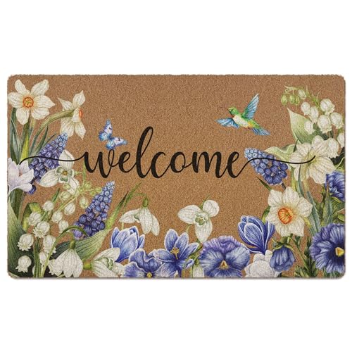 Spring Floral Hummingbird Door Mat, Spring Butterfly Flower Welcome Front Door Mat Indoor Outdoor Entrance, Floral Artificial Coir Doormats Rugs for Porch Entryway Decor 30x17in - color: Spring-2