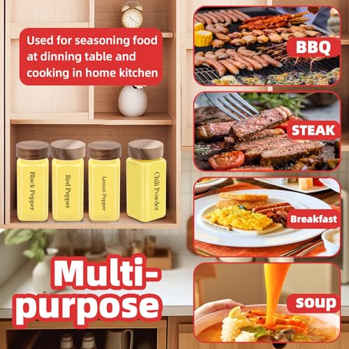 6Pcs 4 oz Square Glass Spice Jars with Label, Empty Spice Containers with Wooden Lids, Square Seasoning Containers and Supplement Set, Small Seasoning Bottles for Salt, Sugar, Pepper (Yellow) - color: Yellow