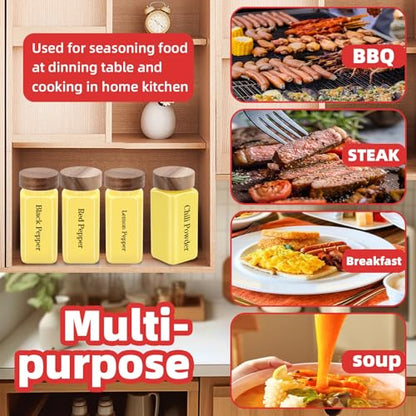 6Pcs 4 oz Square Glass Spice Jars with Label, Empty Spice Containers with Wooden Lids, Square Seasoning Containers and Supplement Set, Small Seasoning Bottles for Salt, Sugar, Pepper (Yellow) - color: Yellow