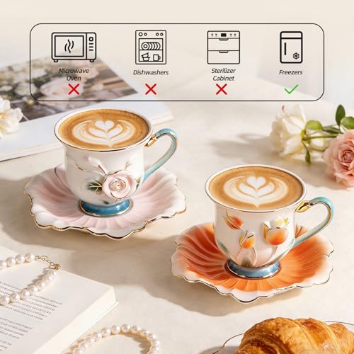 KAMMAK Tea Cups and Saucers Set of 2, Porcelain Coffee Cups, NX013 | Gold Rim, Stackable Espresso Mugs, Ceramic Demitasse for Coffee, Latte, Americano, Afternoon Tea, Elegant Gift for Women - size: 8CZNX013+14