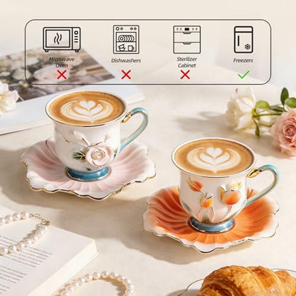 KAMMAK Tea Cups and Saucers Set of 2, Porcelain Coffee Cups, NX013 | Gold Rim, Stackable Espresso Mugs, Ceramic Demitasse for Coffee, Latte, Americano, Afternoon Tea, Elegant Gift for Women - size: 8CZNX013+14