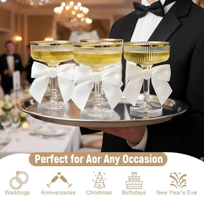 Set of 24 Plastic Champagne Coupe Glasses with Bow 7 oz Gold Champagne Tower Set Stackable Acrylic Ribbed Martini Glasses Cocktail Coupe Cup for Wedding Birthday Party Bar(Ribbon,White) - color: White, style: Ribbon