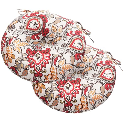 Magpie Fabrics Outdoor Round Bistro Seat Cushions with Ties, 15"x15"x4" Set of 2, Tufted Waterproof Barstool Chair Pads for Patio Home Garden Office, Floral Red Orange - color: Floral Red Orange