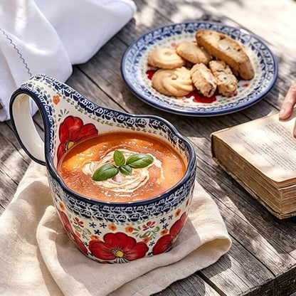 ALMA Soup Bowl With Handle,16oz Handpainted Floral Soup Mug Microwave Safe | Ceramic Large Loop Handle, Enjoy Soup,Cereal,Stew,Ice Cream,Snack,Fruits,Chili, Farmhouse Gift for Grandma Mom Homemakers - color: Red Lily