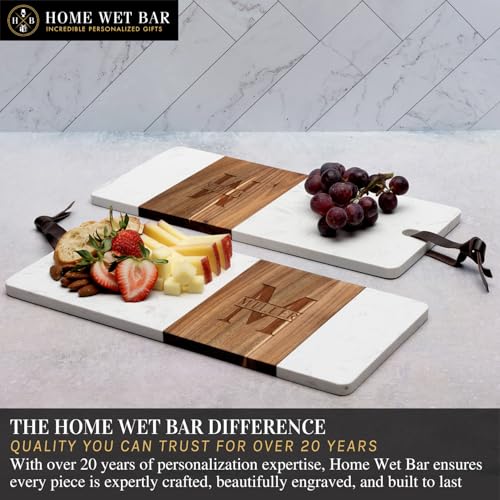 HomeWetBar Personalized Acacia Charcuterie Board | Custom 15" x 7" White Marble & Acacia Wood Cheese Board | Perfect Housewarming + Wedding + Couples Gift Idea - style: Winslow White Marble Board