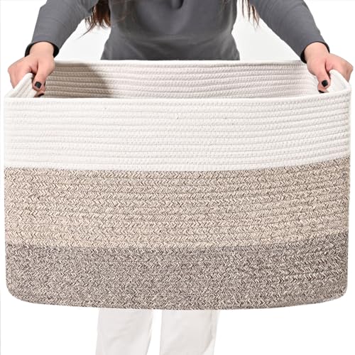 ICERZCZ Large Rectangle Blanket Basket, Large Storage Basket for Organizing, Cotton Rope Woven Basket for Storage with Handles, Baby Nursery Living Room Bedroom, 22”x17”x12”, 75L - color: Gradient Brown, size: 22”x17”x12”