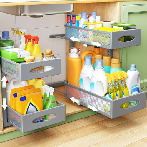 1 Pack Under Sink Organizer, 2 Tier Pull out Cabinet Organizer Mesh Baskets with 5 Adjustable Heights, Sliding Drawers Storage Shelf for Home, Kitchen, Bathroom, Pantry, Office, Countertop ,Grey - color: Grey, size: 1 Pack