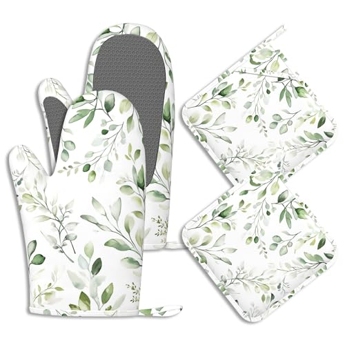 Sage Green Eucalyptus Oven Mitts and Pot Holders Watercolor Leaves Silicone Kitchen Accessories Set of 4 Heat Resistant Non-Slip Long Gloves Potholder for Chef Cooking Baking Gifts Women Men - color: Sage Green Eucalyptus,watercolor Leaves