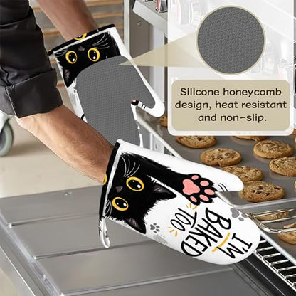 Funny Baker Black Cat Oven Mitts and Pot Holders Sets of 4 PCS, I’M Baked Too Oven Gloves Potholder for Kitchen Cooking Baking BBQ Heat Resistant - color: Funny Baker Black Cat