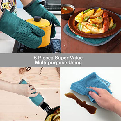 KEGOUU Oven Mitts and Pot Holders 6pcs Set, Kitchen Oven Glove High Heat Resistant 500 Degree Extra Long Oven Mitts and Potholder with Non-Slip Silicone Surface for Cooking (Lake Blue) - color: Lake Blue