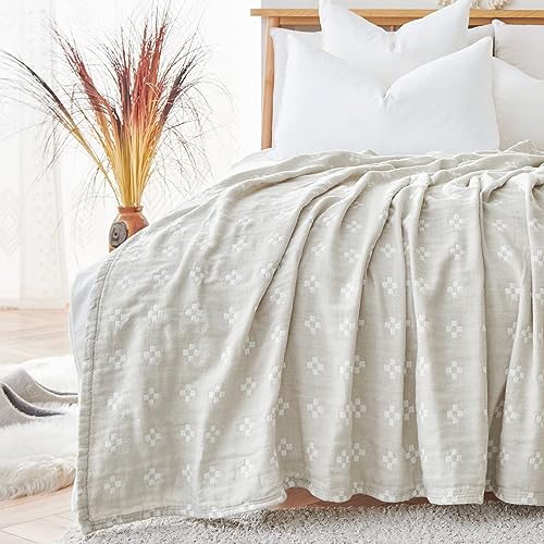 jinchan 100% Cotton Muslin Blanket Twin Boho Throw Blanket 60x80 Oatmeal | 3-Layer, Geometric Cross Quilt, Cooling Breathable Lightweight, for Adult, Soft, Reversible, Summer, Couch, Sofa, Bedroom - color: B. Cross Grey, size: 60"x80"