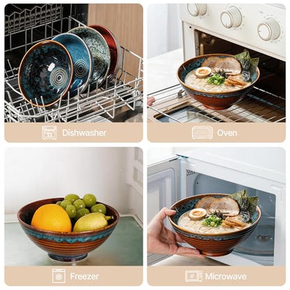 8 Inch Ceramic Ramen Bowl Set of 2, 40oz Japanese Bowls with Spoons & Chopsticks,Durable,Microwave & Dishwasher Safe,Perfect for Ramen,Pho,Salad,Soup,Noodles，Mixing bowls（Verdigris Green） - color: Verdigris Green