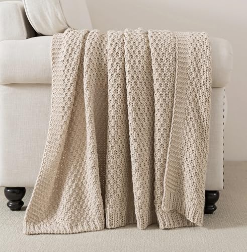 WDCOZY Chunky Cable Knit Throw Blanket Super Soft Warm Knitted Throw Blanket for Couch, Sofa, Chair, Bed Lightweight Breathable Cozy Comfortable Home Decorative Camel Tan Beige 60x80 Inches - color: Beige, size: Twin (60" x 80")