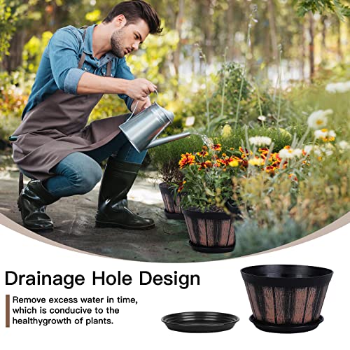 Quarut 8 inch Brown Plastic Whiskey Barrel Plant Pots Set of 4 with Drainage Holes and Saucer for Indoor and Outdoor Garden Home Plants - size: 8 inches