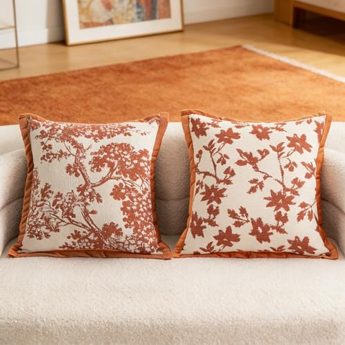 Maple Leaf Plant Spring Summer Pillow Cover for Couch Modern Cream Style Pillow Covers Snow Neil Courtyard Home Pillow Cover 2-pack Set for Living Room Sofa Bed, Flower Plant Style(orange, 18*18 inch) - color: Leaf + Branch Orange