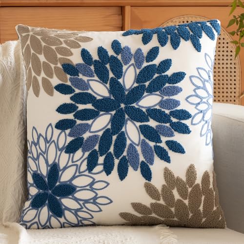 Blue Khaki Dahlia Embroidered Throw Pillow Covers Home Decor | Dark Blue Soft Velvet 18x18 Inch Pillow Cover, Modern Geometric Pillows Decor for Cushion Case Sofa Living Room Bedroom - color: Blue Grey Dahlia