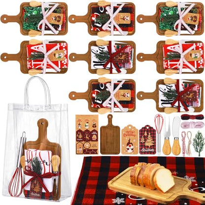 12 Set Christmas Charcuterie Board Gifts Bulk, Bamboo Mini Cheese Cutting Board Gifts with Spreader Knives Fork Towel Whisk for Xmas Gift Wedding Bridal Baby Shower(Long Handle,Dark) - color: Dark