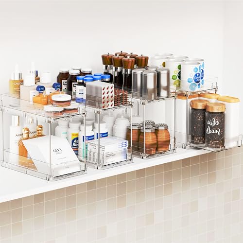 4 Set Bathroom Organizers and Storage,2 Tier Clear Under Sink Organizer and Medicine Cabinet Organizer for Kitchen,Pantry Storage,Pull Out Drawers for Skincare,Pill Bottle,Spice Organization