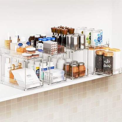 4 Set Bathroom Organizers and Storage,2 Tier Clear Under Sink Organizer and Medicine Cabinet Organizer for Kitchen,Pantry Storage,Pull Out Drawers for Skincare,Pill Bottle,Spice Organization
