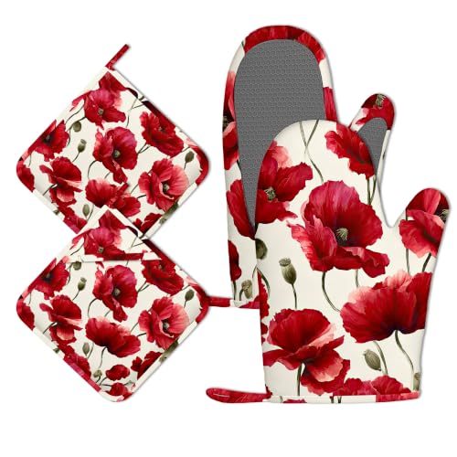 Red Poppy Floral Oven Mitts and Pot Holders Set of 4, Heat Resistant Non Slip Kitchen Gloves Hot Pads, Chef Cooking Baking Gifts for Women Bakers, Kitchen Gifts for Cooking Lover Cooks Mom - color: Red Poppy Floral