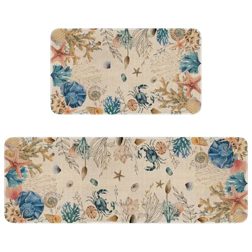 Ocean World Kitchen Rugs Set of 2, Coastal Coral Kitchen Mats for Floor, Summer Sink Mat Home Decor Doormat+Runner Rug - color: Ocean World