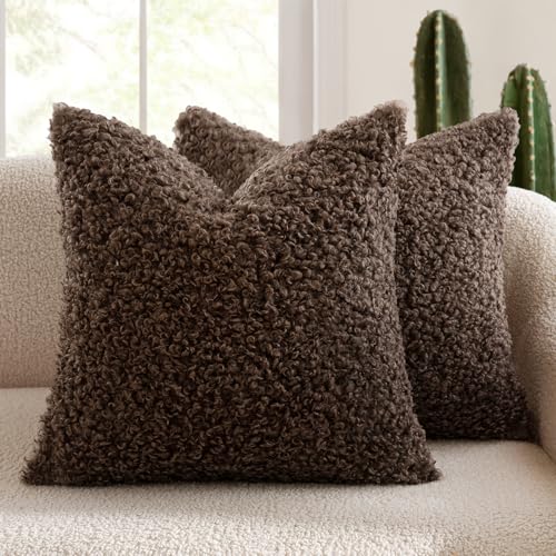 MIULEE Decorative Faux Fur Pillow Covers Sherpa 18x18 Chocolate | Set of 2 Fuzzy Accent Fall Couch Throw Pillows, Soft Sheepskin Fleece Pillowcases, Home Decor Sofa Livingroom Bed - color: Chocolate, size: 18" x 18" (Pack of 2)