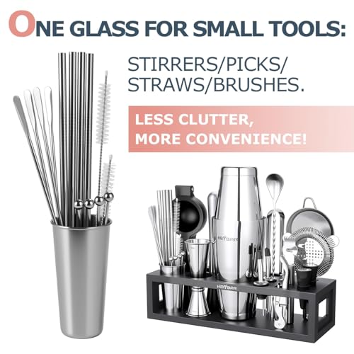 HMYBAR® Bartender Kit with Black Bamboo Stand, 31-Piece Cocktail Shaker Set, 20/28 oz Boston Shaker Set for Home Bar, Mixology Bar Tool Set with 39 Recipe Cards - color: Black