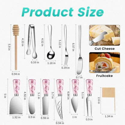 Marble Pink Cheese Knife Set, Ceramic Handle Charcuterie Board Accessories Butter Spreader Knife Slicer With Serving Tongs, Spoons, Forks, Flags, Wooden Honey Dipper - color: Marble Pink