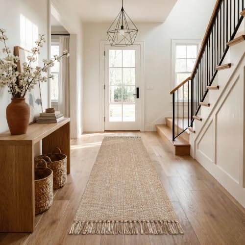 Boho Hallway Runner Rug, 2.6' x 7' Washable Bathroom Mats | Modern Farmhouse Braided Kitchen Runner Rug, Tan/Cream Hand Woven Entry Hall Carpet for Laundry, Bedroom, Porch, Bedside - color: Tan/Cream, size: 2.6' x 7' (Rectangular)