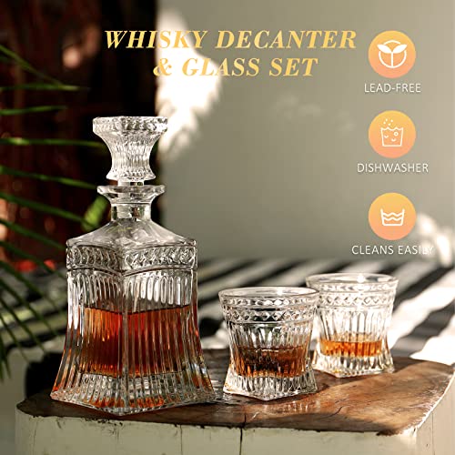 BETESINE Whiskey Decanter Set with 4 Glasses and 4 Steel Chilling Balls | 500ml Lead-Free Crystal Gift Set for Bourbon, Scotch, Whiskey and Rum