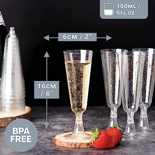 MATANA 50 Plastic Champagne Flutes 5oz with Silver Glitter - Sturdy & Reusable - Cocktails, Prosecco, Mimosa - Toasting Glasses for Birthdays, Weddings, Christmas, BBQ & Parties - color: Silver Glitter, size: 50 Pack