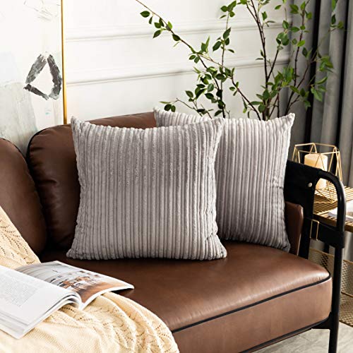 UGASA Super Soft Plush Corduroy Pillow Covers Solid Textured Large Throw Euro Pillow Sham Cushion Cover for Couch Floor, 2 Pcs, 16 x 16, Light Grey - color: Light Grey, size: 16" x 16" (Pack of 2)