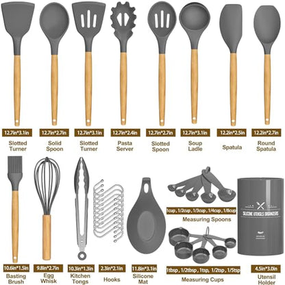 Umite Chef Kitchen Cooking Utensils Set, 33 pcs Non-stick Silicone Spatula Set with Holder, Woodle Handle Heat Resistant Gadgets Utensil (Gray) - color: Gray