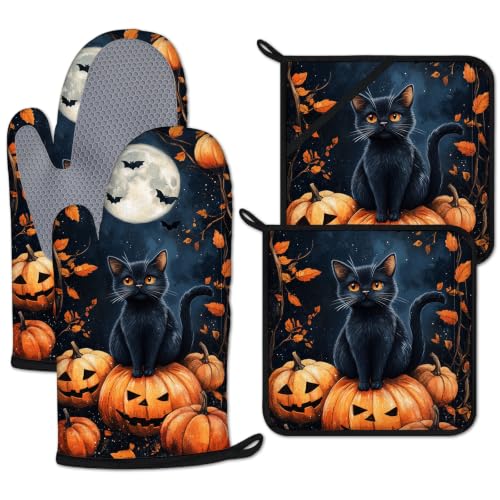 Black Cat Pumpkin Moon Oven Mitts and Pot Holders Sets 4 Pcs Silicone Halloween Kitchen Gloves Heat Resistant Potholders for Baking Grilling BBQ - color: Halloween Black Cat
