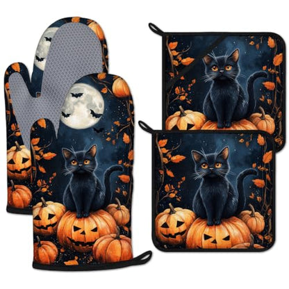 Black Cat Pumpkin Moon Oven Mitts and Pot Holders Sets 4 Pcs Silicone Halloween Kitchen Gloves Heat Resistant Potholders for Baking Grilling BBQ - color: Halloween Black Cat