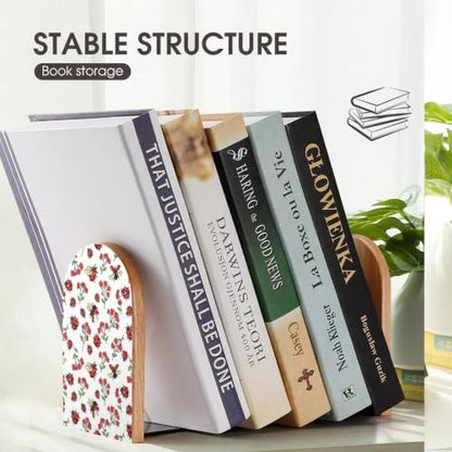 Wooden Book Ends with Metal Base Bookends Supports for Shelves, Ladybug | Cute Red Flower Green Leaves, Non-Slip Book Stoppers for Magazines, Books, DVDs, Small, 1 Pair - color: Style(513)