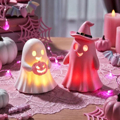 Fumete 2 Pcs Pink Ghost Halloween Decorations - Aesthetic Spooky Resin Light up Cute Ghost Couple with Witch Hat and Pumpkin, Halloween Indoor Figurines for Mantel, Shelf & Tabletop Home Party Decor - style: Pink Ghosts