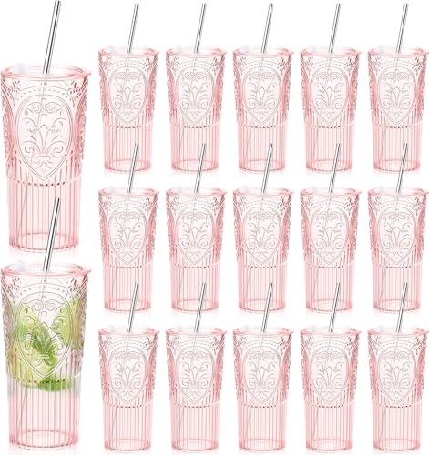 16 Set 20oz Vintage Plastic Tumbler with Lids and Straws Ribbed Floral Drinking Glasses Reusable Iced Coffee Cups for Water Juice Smoothie Cocktail Travel Party Events Gift (Pink) - color: Pink