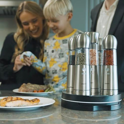 COSPRO Electric Salt & Pepper Grinder Set of 5 | Wireless Charging | Rechargeable | Stainless Steel | One-Hand Use | Adjustable Coarseness | Easy Clean | Himalayan Salt & Spices - size: Set of 5