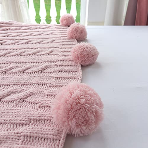 Chenille Chunky Knitted Throw Blanket with 14 pcs Pom Poms Tassel Super Soft Cozy Warm Blanket for Sofa Bed Soft Couch 50 x60 inches (Pink)?-¡­ - color: Pom-pom-pink, size: Throw 50"X60"