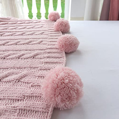Chenille Chunky Knitted Throw Blanket with 14 pcs Pom Poms Tassel Super Soft Cozy Warm Blanket for Sofa Bed Soft Couch 50 x60 inches (Pink)?-¡­ - color: Pom-pom-pink, size: Throw 50"X60"