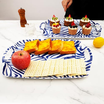 TP Serving Trays with Handles, 17 Inch Large Rectangular Melamine Serving Platter Set of 2, Blue & White - color: Blue&white, size: 17" x 12"