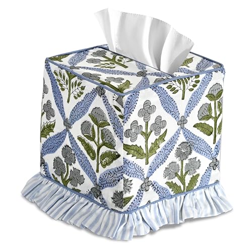 Light Steel Blue Block Print Ruffle Tissue Box Cover Handmade Cotton Decorative Square Napkin Holder for Home Bedroom Living Room Bathroom Vanity Countertop Car Office Kitchen - color: Light Steel Blue