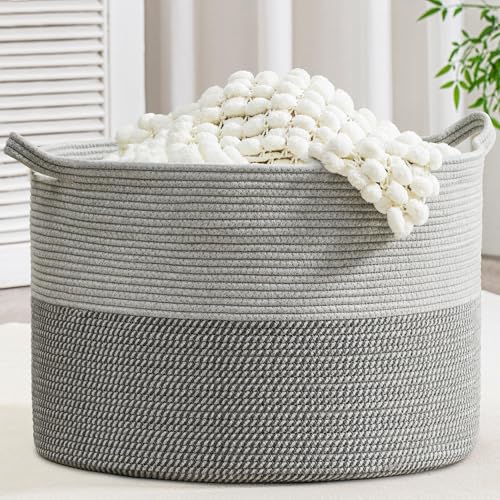 XXXLarge Woven Cotton Rope Basket (21.7" x 13.8") 90L – Blanket Basket for Living Room, Laundry Hamper, Baby Laundry Hamper, Toy Storage, Pillows & Cushions Organizer (Mixed Grey) - color: Mixed Gray