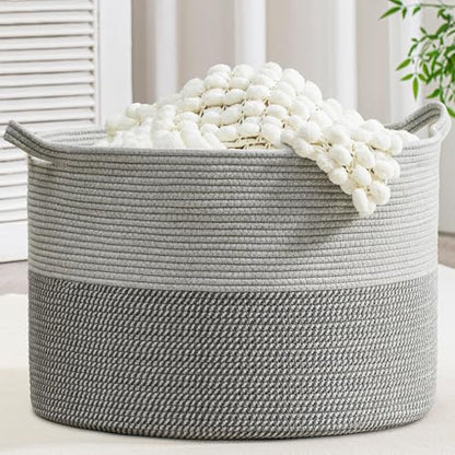 XXXLarge Woven Cotton Rope Basket (21.7" x 13.8") 90L – Blanket Basket for Living Room, Laundry Hamper, Baby Laundry Hamper, Toy Storage, Pillows & Cushions Organizer (Mixed Grey) - color: Mixed Gray