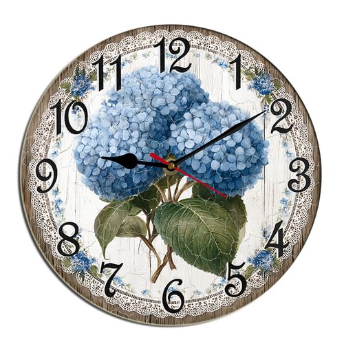 Blue Hydrangea Flowers Wall Clock Spring Floral Wooden Thanksgiving Silent Non Ticking Decorative Clock for Living Room, Kitchen, Home,Bathroom, Bedroom, Office Or School Round 12" - color: A-7, size: Round 12inch