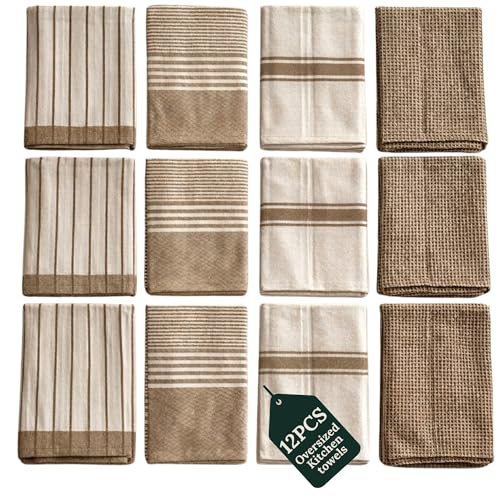 CSL Pack of 12 Kitchen Towels, Absorbent & Soft, Oversized, 18x28 - Beige | Soft, Quick-drying Weave, no Streaking, Hanging Loop, Always a Clean Towel Ready, Linen-inspired Texture, Housewarming Gift - color: Beige, size: 12 Pack