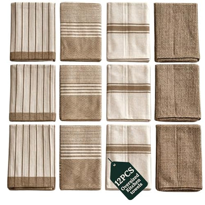 CSL Pack of 12 Kitchen Towels, Absorbent & Soft, Oversized, 18x28 - Beige | Soft, Quick-drying Weave, no Streaking, Hanging Loop, Always a Clean Towel Ready, Linen-inspired Texture, Housewarming Gift - color: Beige, size: 12 Pack