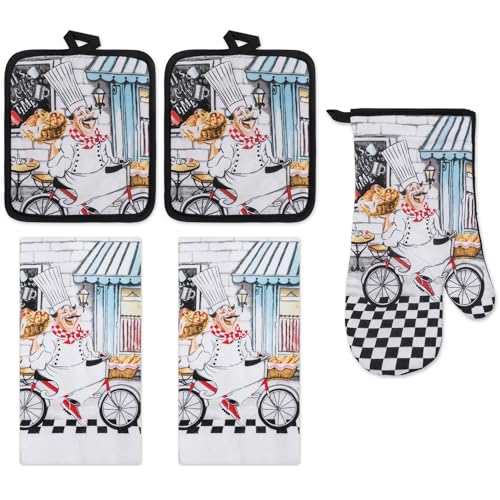 5 Piece Baking Chef Printed Kitchen Linen Set, 2 Cotton Towels, 2 Potholders, 1 Oven Mitt with Hanging Loop, 100% Cotton Material on Front & Polyester Backing, Perfect Kitchen Accessory - color: Baking Chef